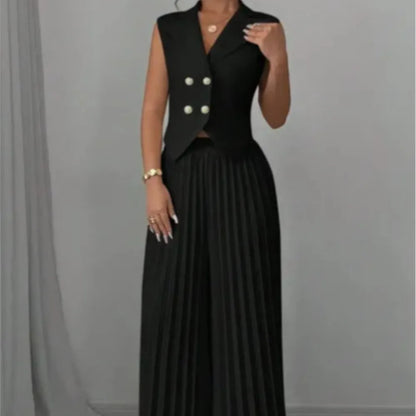 Summer Women's Fashionable Casual Lapel Suit Elegant Commuting Solid Color Sleeveless Top + Trousers Sexy Two-piece Set