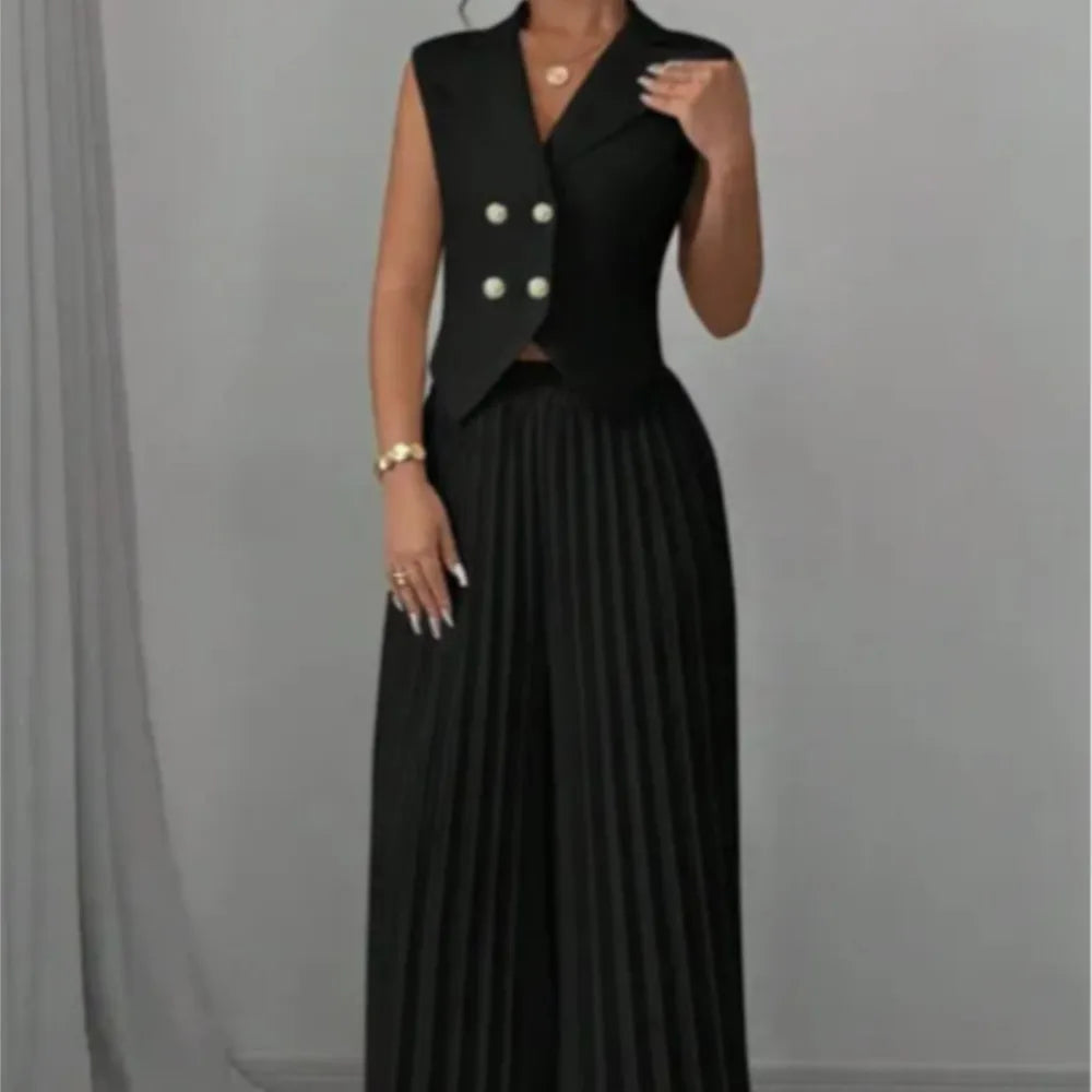 Summer Women's Fashionable Casual Lapel Suit Elegant Commuting Solid Color Sleeveless Top + Trousers Sexy Two-piece Set