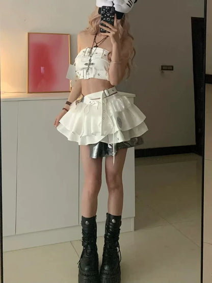 Vintage Summer Elegant Y2K Woman 2 Piece Sets Punk Gothic Strapless Crop Tops +High Waist Ruffle Skirt Female Party Outfits