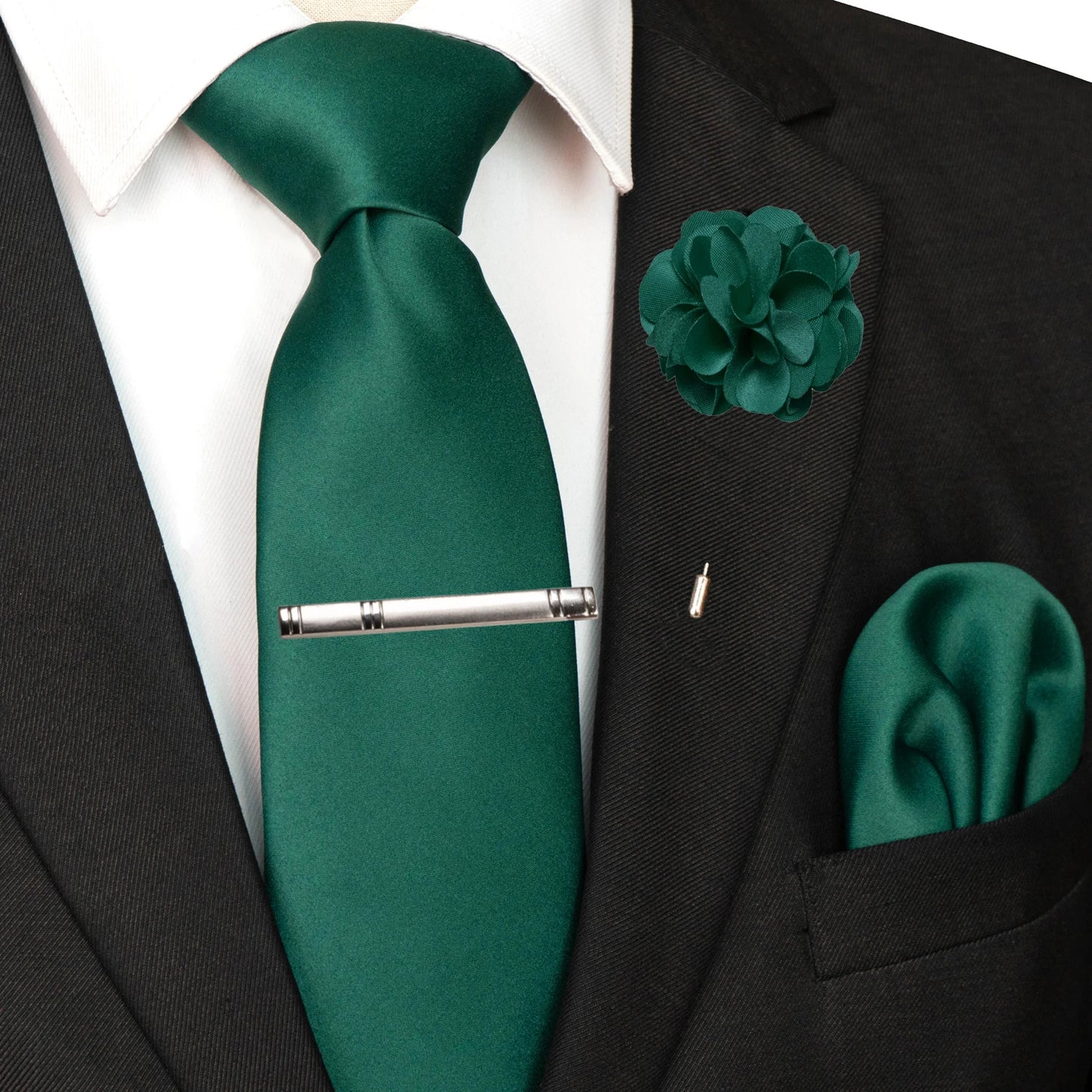 Mens Colors Solid Tie and Lapel Pin Necktie Pocket Square and Tie Clip Sets for Business Casual 4PCS