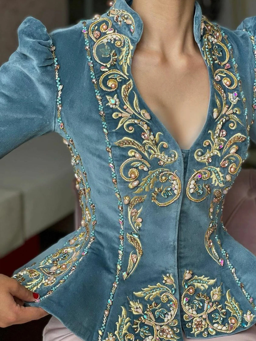 Elegant Chic Women Tops Floral Embroidered Deep V Neck Slim Waist Peplum Long Sleeve Design Asymmetric Vintage Velvet Blouse