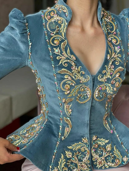 Elegant Chic Women Tops Floral Embroidered Deep V Neck Slim Waist Peplum Long Sleeve Design Asymmetric Vintage Velvet Blouse