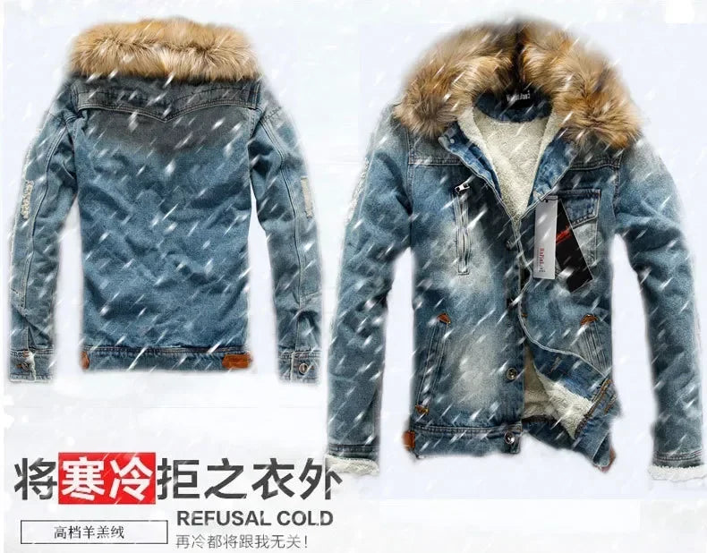 Winter Mens Denim Jacket with Fur Collar Retro Ripped Fleece Jeans Jacket and Coat for Autumn Winter S-6XL