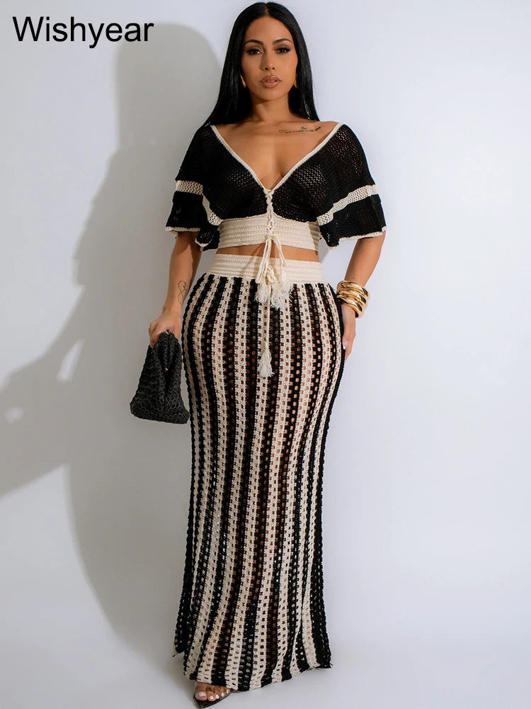 Elegant Knitted Crochet Beach Black Stripe Two 2 Pieces Women Crop Tops and Long Skirts Matching Set Holiday Birthday Outfits