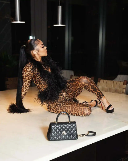 CM.YAYA Fashion Mesh See Though Women's Set Feather Side Long Sleeve Crop Top and Legging Pants  Sexy Two 2Piece Sets Outfit