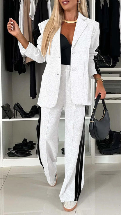 Autumn And Winter New Long Sleeves Suit Women's Suit Fashion Pimp Stitching Pants Pocket Female Office Blazer 2 Piece Set