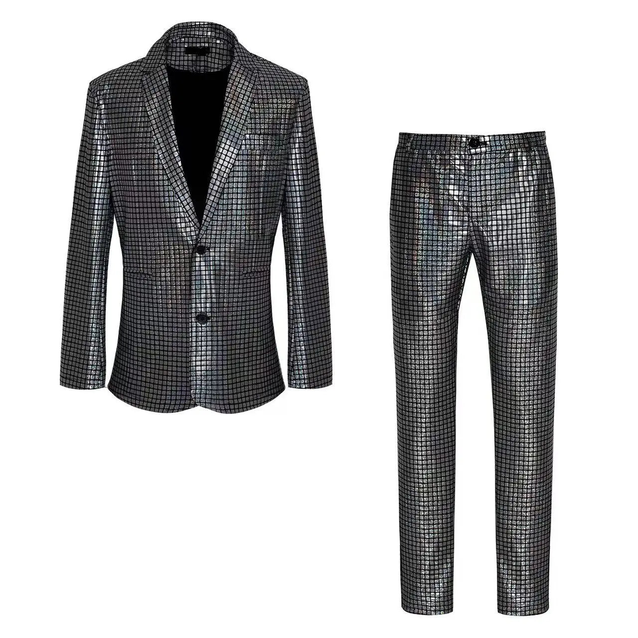 Mens Stage Prom Suits Shiny Rainbow Plaid Sequin Jacket Pants Men Dance Festival Christmas Halloween Party Costume Homme