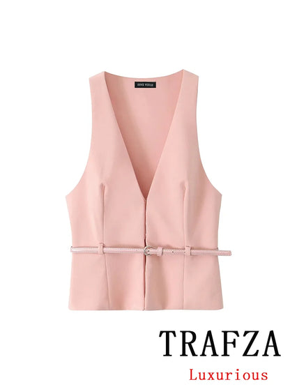 TRAFZA Vintage Chic Solid Women Suit V Neck Sleeveless Sashes Vest Blazer Straight Shorts New Fashion  Summer Office Sets