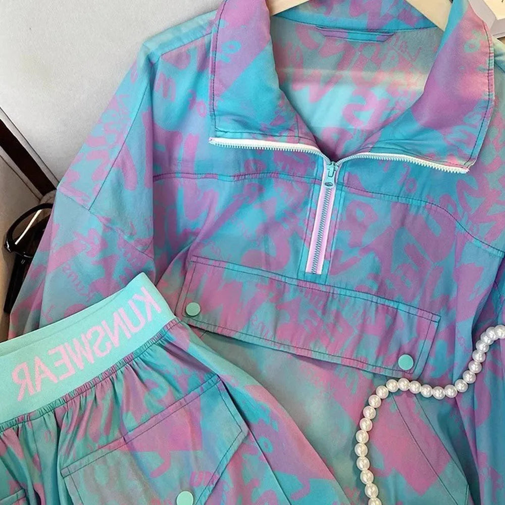 2024 Women Shorts Sets Outfits Casual Two Piece Set Women's Summer Fashion Sunscreen Tops + High Waist Loose Short Pants Suits