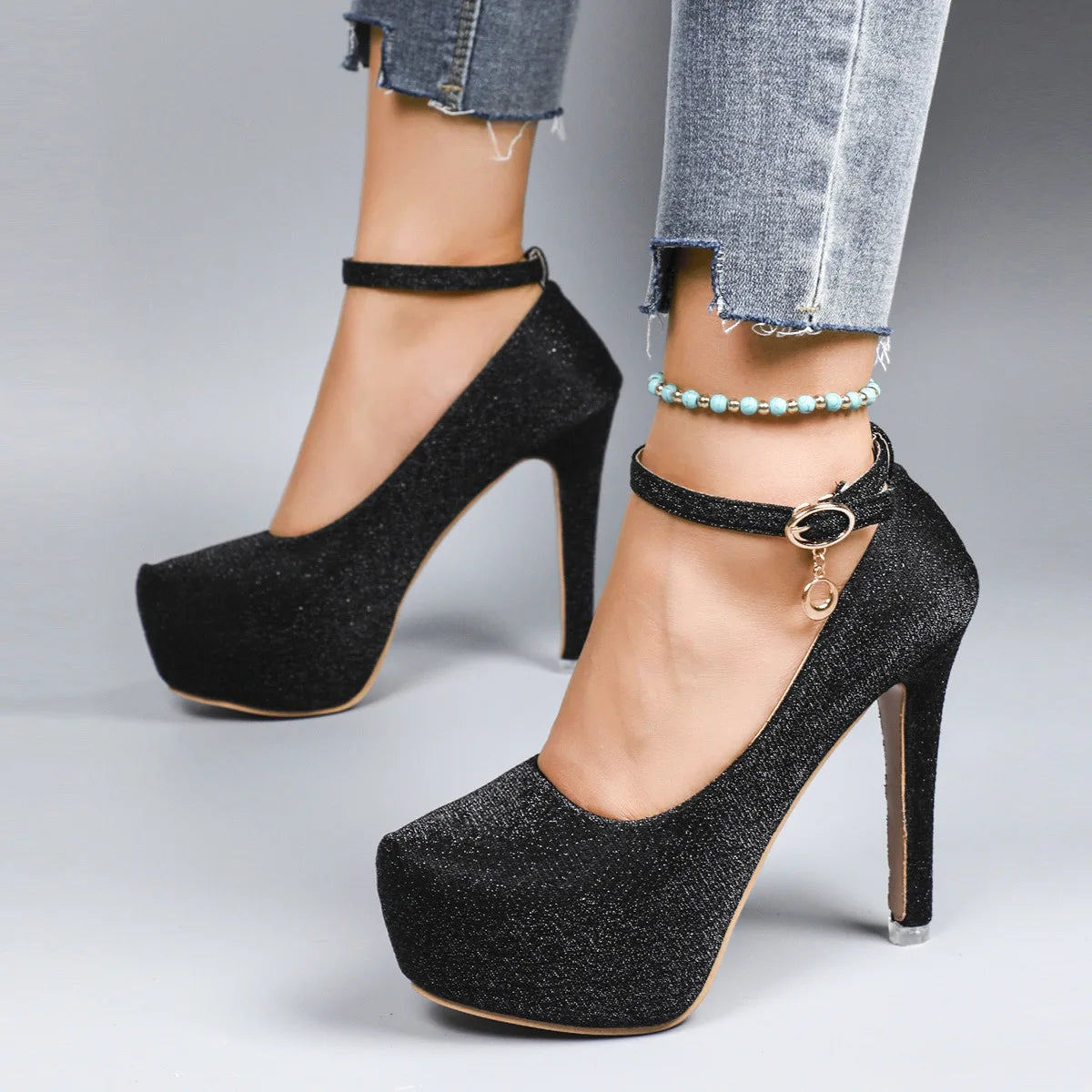 Women's High Heels  New Style Semi-Uppered Thin Heel Waterproof Platform Buckle Fashion Shoes Large Size Strap Shoes