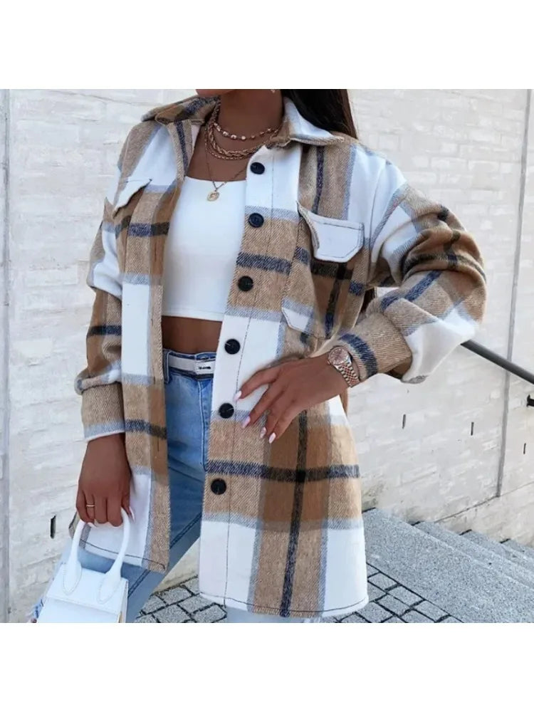 Women Coat Plaid Print Pocket Button Coats Long Sleeve Shacket Autumn Turn Down Collar Single Jacket Breasted Spring Jackets