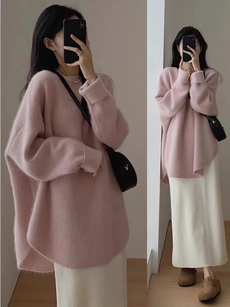 Korean Fashion Sweater Women Elegant Casual Loose Knitted Fluffy Pullover Female Autumn Winter Long Sleeve Oversized Knitwears