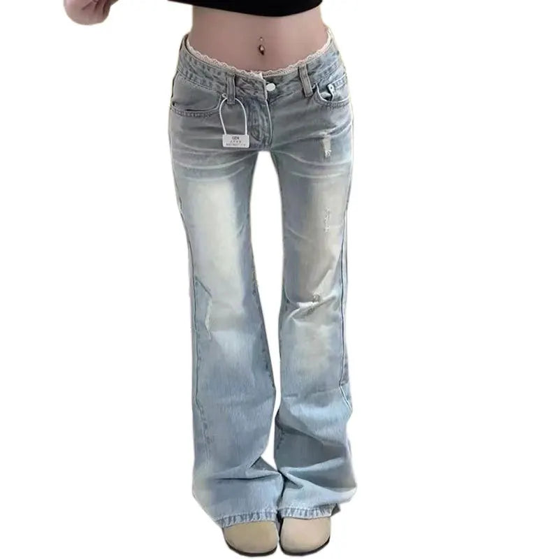 Light Wash Flared Jeans for Women Plus Size Lace Low Rise Floor Length Slim Fit Bell Bottom Pants Trendy Design for Curvy Ladies