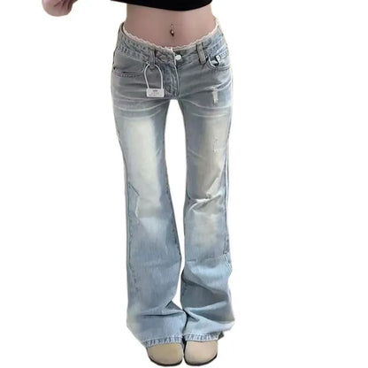 Light Wash Flared Jeans for Women Plus Size Lace Low Rise Floor Length Slim Fit Bell Bottom Pants Trendy Design for Curvy Ladies