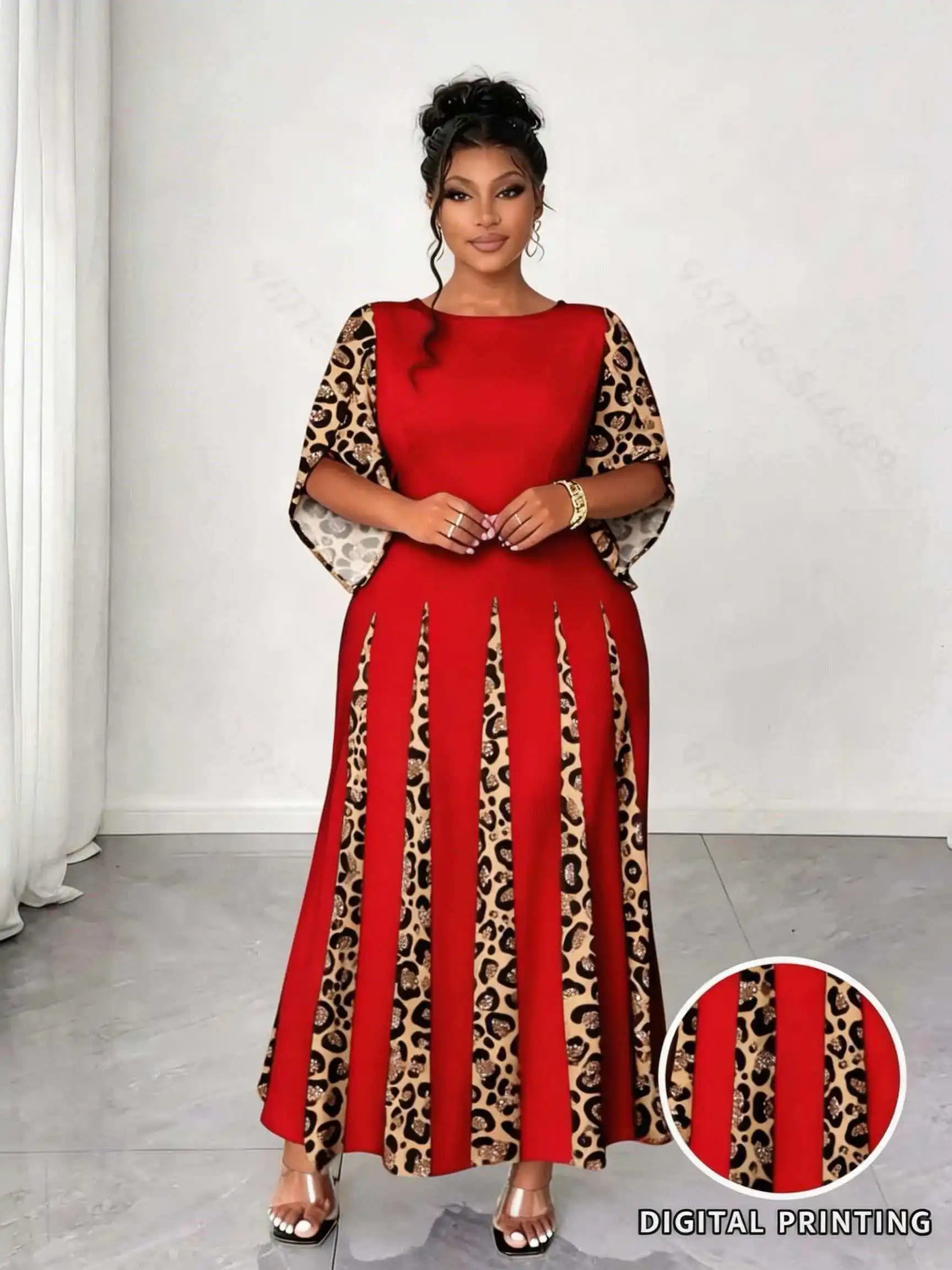 Elegant Leopard Print Maxi Dress, Plus Size Fashionable Long Sleeve Gown, Comfortable & Stylish Women's Clothing