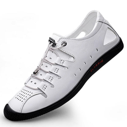Genuine Leather Summer White Lace Up Hollow Sandals Roman Style Designer Shoes Luxury Brand Breathable Beach Men Shoes Mocassins