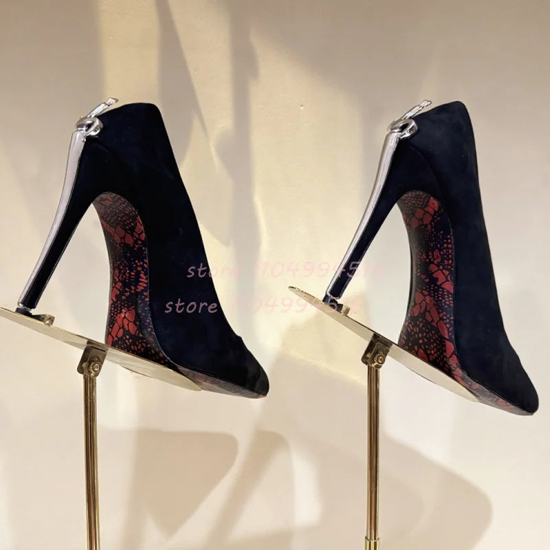 Women Sexy Pointed Toe Stiletto High Pumps Metal Decor Leather Super High Heels  Fashion Party Ladies Summer Gladiator Shoes