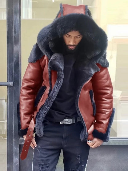 New Men's Leather Coat Winter Large Size Jacket with Fur Collar and Long Sleeve Wool Lining Casual Men's Jacket
