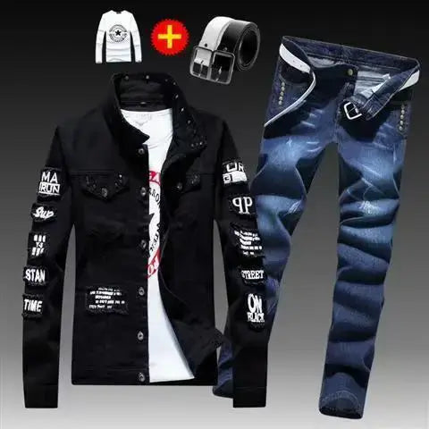 Frühling Herbst Herren Jeansjacke + Jeanshosen Set Mode Einreiher Mantel Hose Zweiteiliger Denim-Anzug