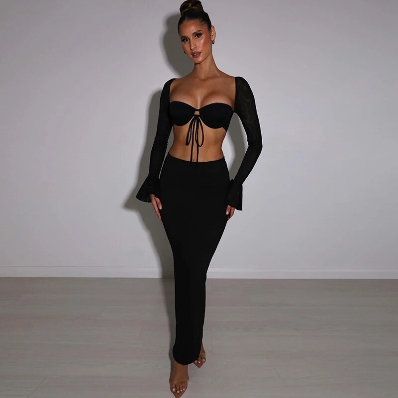 Elegant 2 Piece Sets Women Outfit 2023 Long Sleeve Top And Maxi Skirt Sets Party Festival Night Club Outfits Co ord Sets