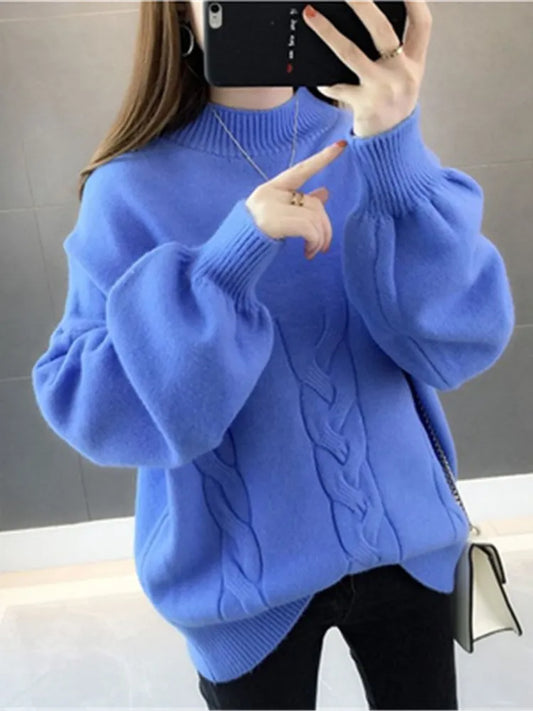 Korean Winter Women Sweater Half Turtleneck Lantern Sleeve Knit Pullover Loose 5XL Fashion Jumper Tops 2022 Pull Z2697