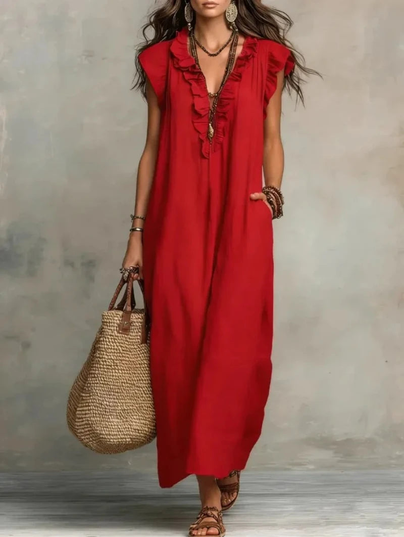 Women's Retro Bohemian Ruffle Linen Maxi Dress, Ruffle V-Neck Sleeveless Loose Summer Dress with Pockets, Summer Casual High-Waist Loose Beach Maxi Dress, Sunny Dress with Flutter Sleeves and Floor-Length Skirt