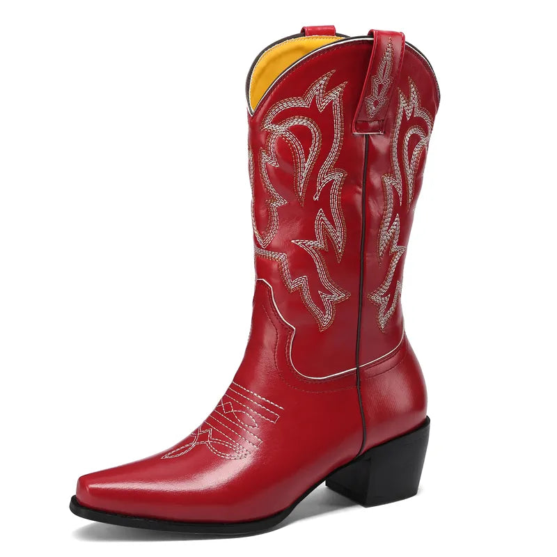 2023 Mbroider Western Cowboy Boots For Women High Heels Boots Ladies Spring Autumn Cowgirl Boots Shoes Wide Calf Boots Black Red