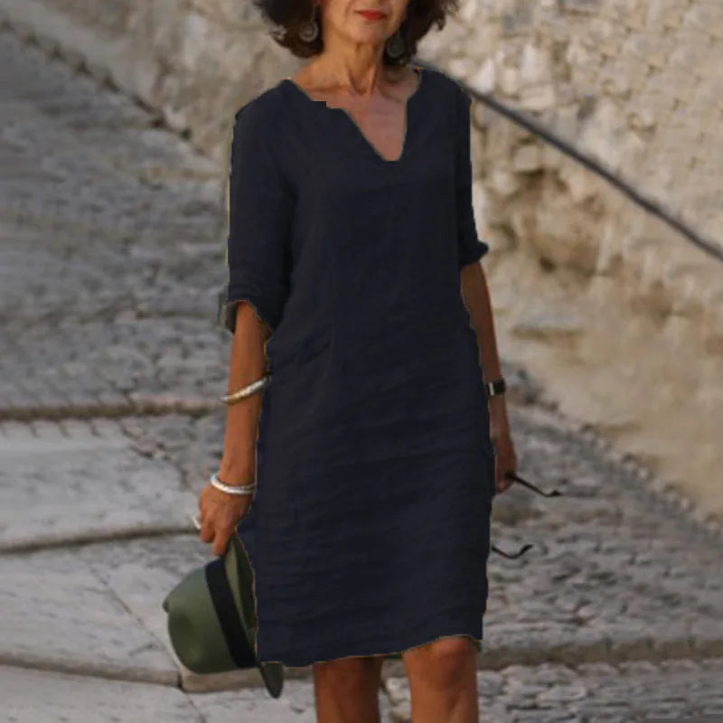 Vintage Solid Mini Dress Women Fashion Summer V-neck Three Quater Sleeve Cotton Linen Party Dresses Ladies Casual Femme Vestidos