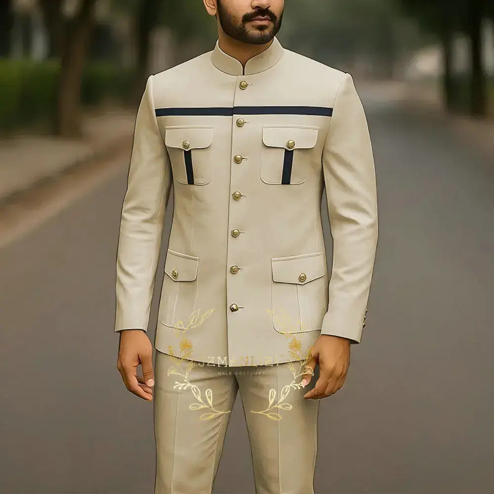 Affrica Style Stehkragen Weiß Einreihig Jacke Hose Business Herren Anzug Elegant Bräutigam Hochzeitsanzüge Männliches Partykleid