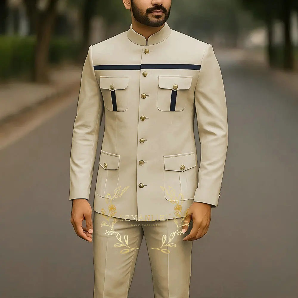 Affrica Style Stand Collar White Single Breasted Jacket Pants Business Men Suit Elegant Groom Wedding Suits Male Party Dress