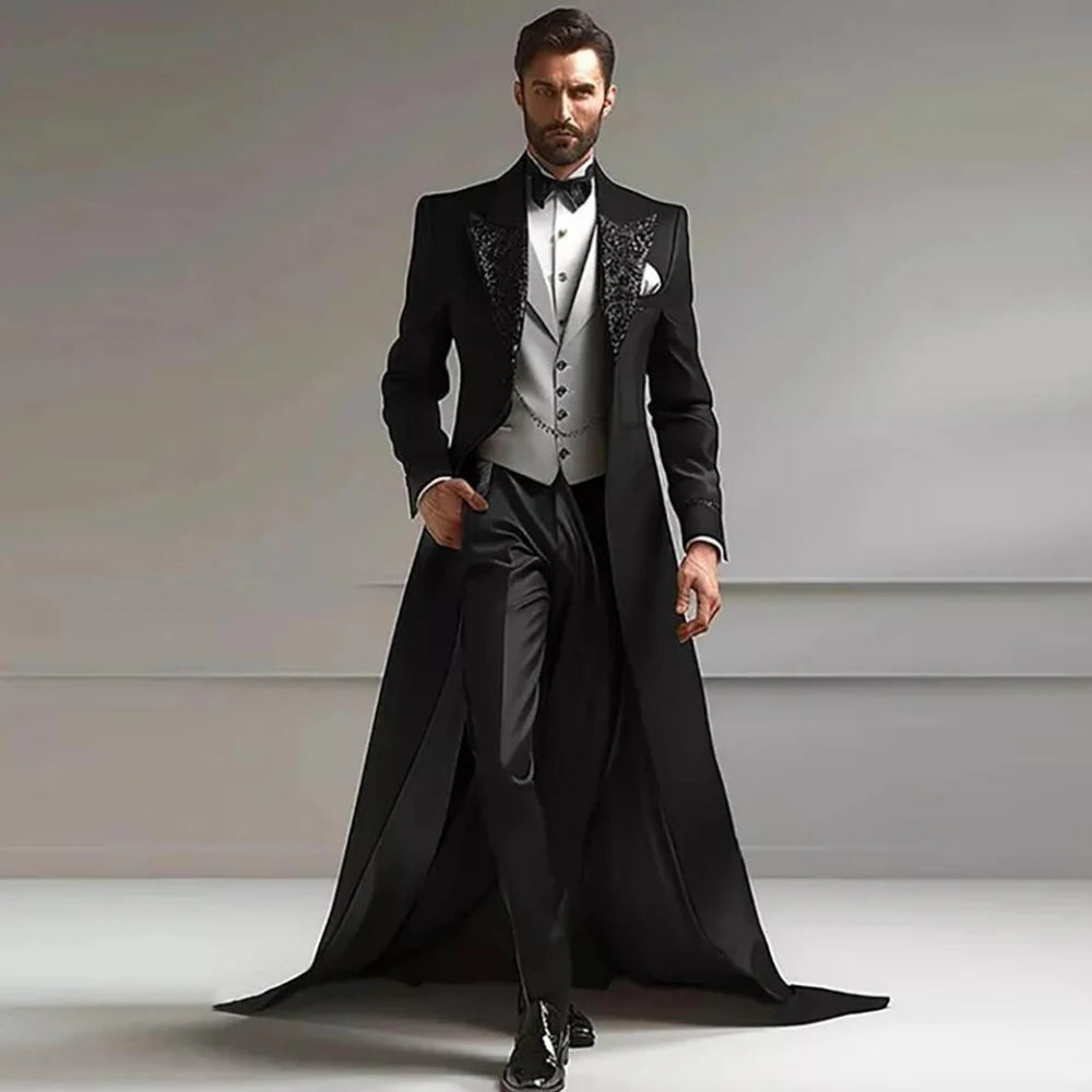 Luxury Suits Men For Wedding 3 Pieces Sets Sparkly Sequins Lapel Prom Tuxedos With Long Train Customized Man Banquet Party Dress
