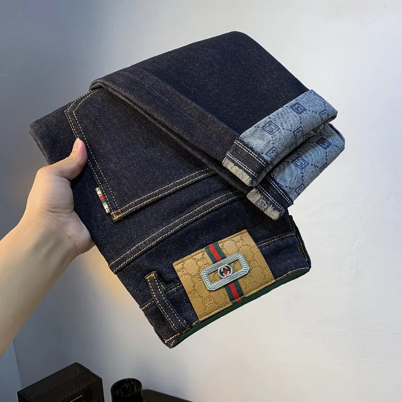 High end light luxury men jeans autumn new item dark blue fashion printed casual straight slim fit cotton washed denim pants