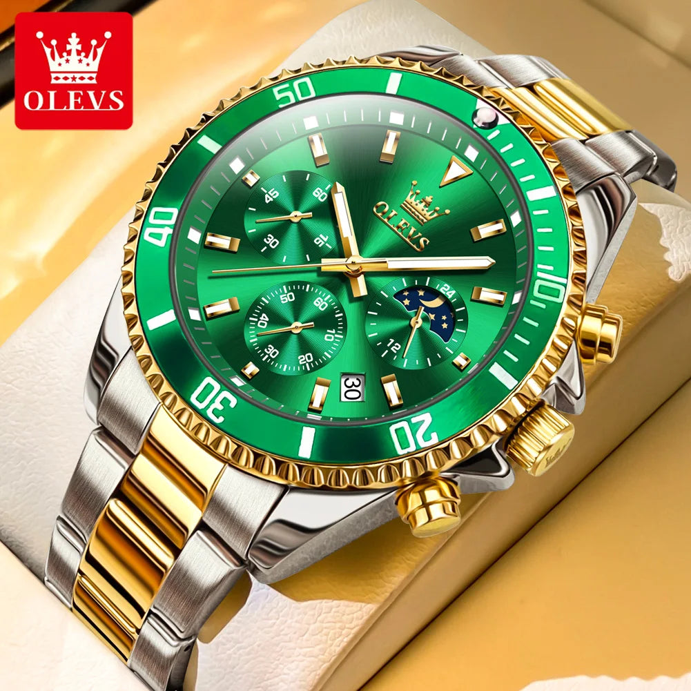 OLEVS 2870 Men's Watches Moon Phase Steel Calendar Chronograph Original Quartz Watch Big Rota Dial Luxury Sports Wristwatches