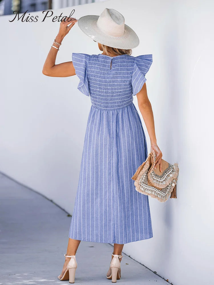 Striped Smocked Midi Dress For Women Sexy Square Neck Ruffle Short Sleeve Holiday Beach A-line Dress 2023 Summer Female Sundress