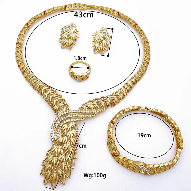 Elegant Women Jewelry Set 18k Gold Plated Plant Leaf Necklace Earrings Ring Bracelet Dubai Set Jewelry For Wedding Party Gift