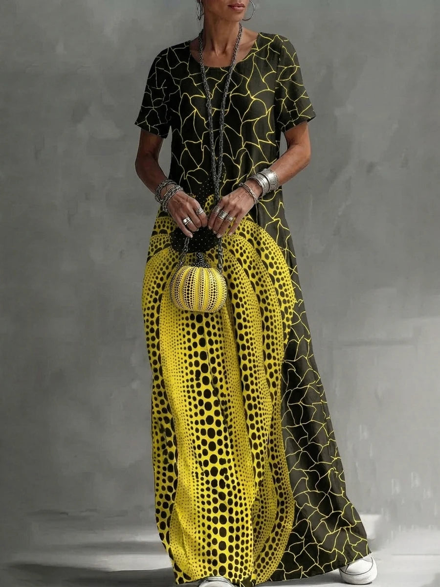 Freeacy 2026 Summer New Artistic Print Maxi Dress for Women Round Neck Short Sleeve Casual Party Dresses Vacation Sundress