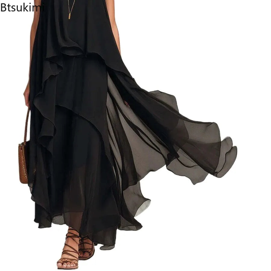 Woman Elegant Solid Dress Summer Casual O Neck Sleeveless Asymmetrical Ruffle Layered Chiffon Maxi Dress Holiday Party Dress