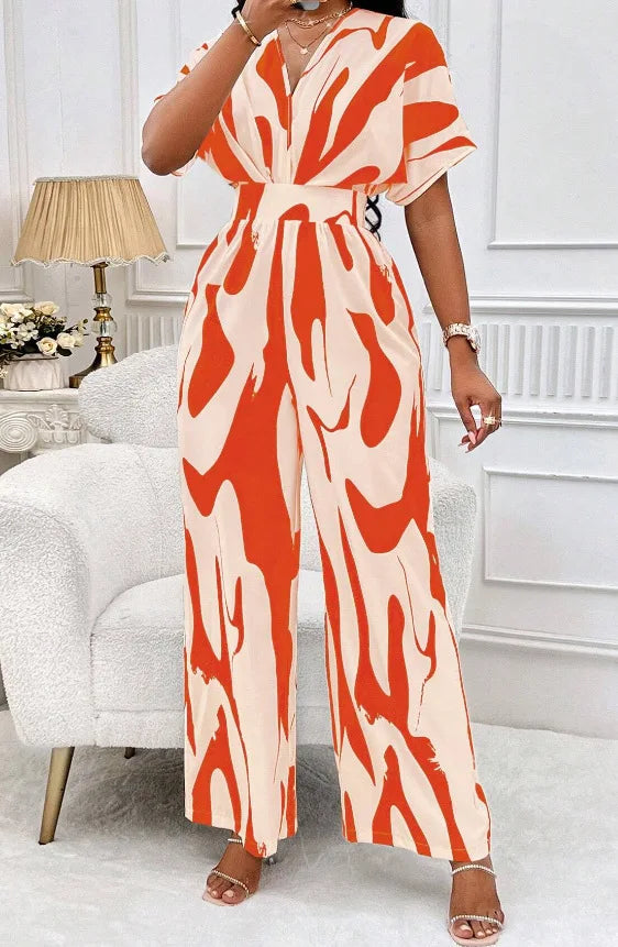 2024 Women Wide Leg Jumpsuit Spring Summer Fashion V Neck Short Sleeve High Waist Full Body Printed Jumpsuits Casual One Pieces