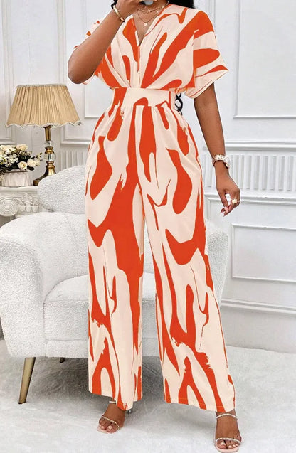 Women Wide Leg Jumpsuit Spring Summer Fashion V Neck Short Sleeve High Waist Full Body Printed Jumpsuits Casual One Pieces