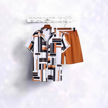 Comfortable Coconut trees leaves color blocking 3D Print shirt +Shorts Two Piece Set Short Sleeve Flip collar shirts half pants