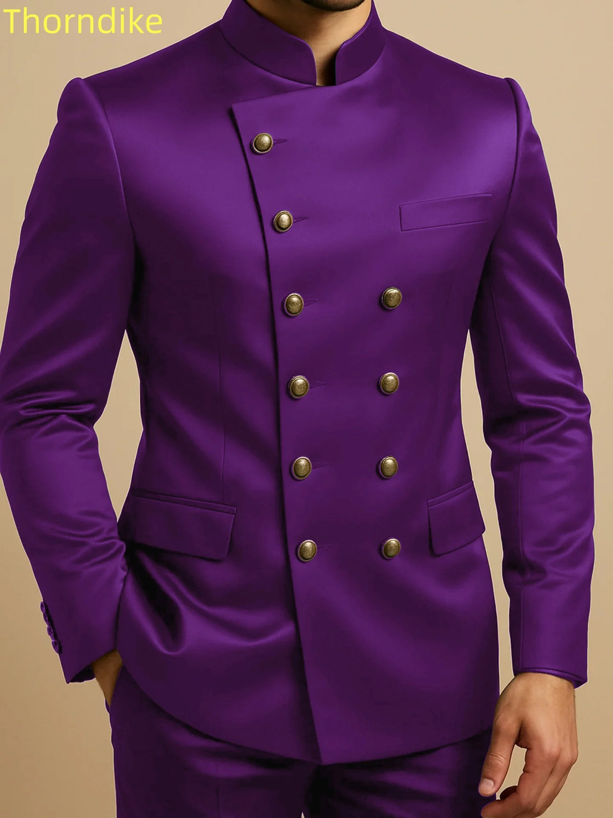 Thorndike Affrica Style Casual Stand Collar Satin Double Breasted Jacket Pants Business Men Suit Elegant Groom Wedding Suits