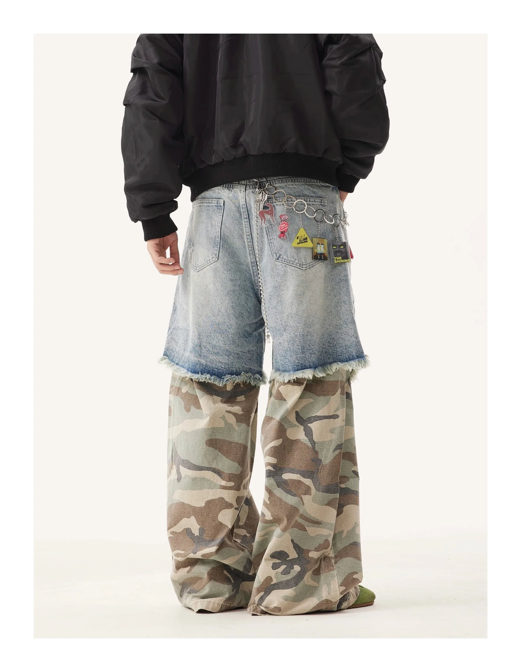 PFNW Niche Design Men's Jeans Washed Distressed Colorblock Splic Fake Two Piece Loose Straight Trousers Wide Leg Pants 28W5474