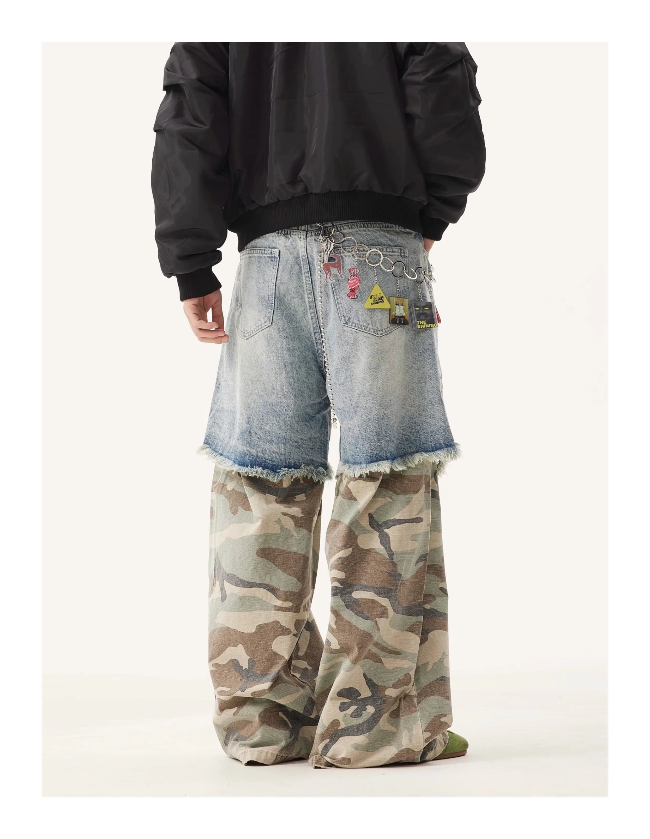 PFNW Niche Design Men's Jeans Washed Distressed Colorblock Splic Fake Two Piece Loose Straight Trousers Wide Leg Pants 28W5474