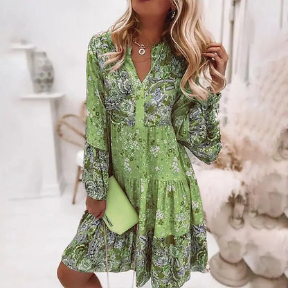 Casual Floral Print Dresses For Women  Sping Summer Boho V Neck Loose A Line Dress Elegant Beach Party Dress Robe Femme