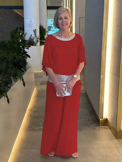 Spring Autumn Women's Clothing New Set Round Neck Fashion Glitter Color Blocked Bat Shirt Wide Leg Pants Set For Women
