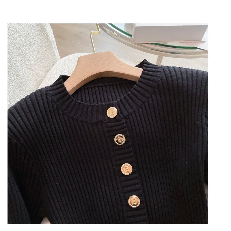 2024 New Autumn Winter Women Knitted Dress Brand Fashion O-neck Buttons Bodycon Sweater Dress with Belt Lady Office Dress