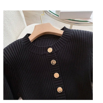 New Autumn Winter Women Knitted Dress Brand Fashion O-neck Buttons Bodycon Sweater Dress with Belt Lady Office Dress