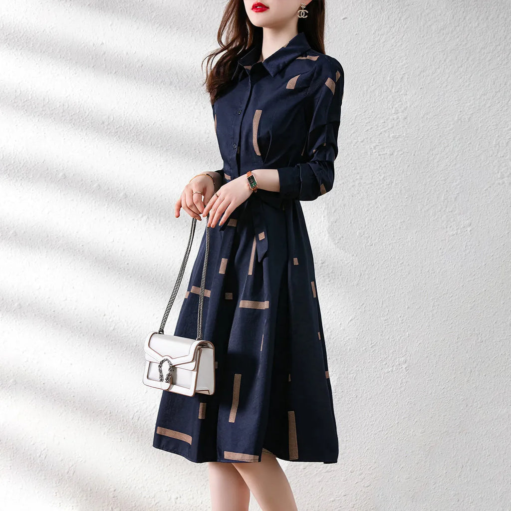 Elegant Fashion Geometric Printed Belt Dresses Spring 2023 Long Sleeve Polo-neck Loose Tunic Pullover Midi Dress Female Clothing