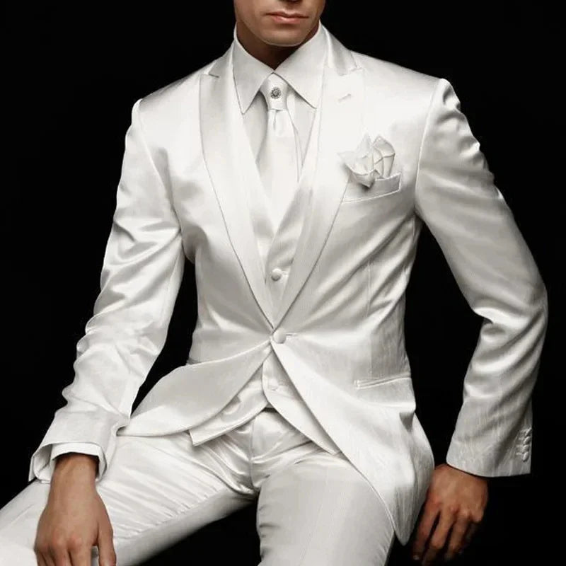 Weiße Hochzeitsanzüge für den Bräutigam, Smoking, Slim Fit, Abschlussball, Party, maßgeschneiderter Satin-Anzug, 3-teilig (Sakko + Hose + Weste), Herrenbekleidung