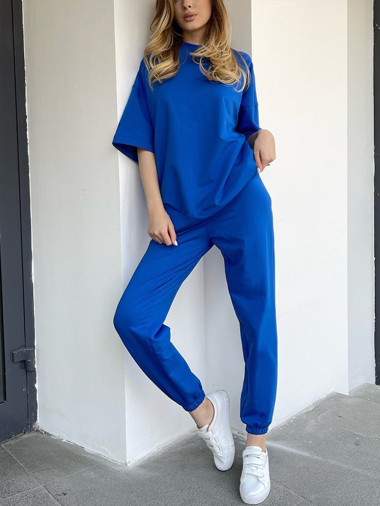 Summer Women's Suit Cotton 100% Trousers Classic Outfit Loose Oversize Two Piece Set Women Top and Pants Casual Tracksuit Female